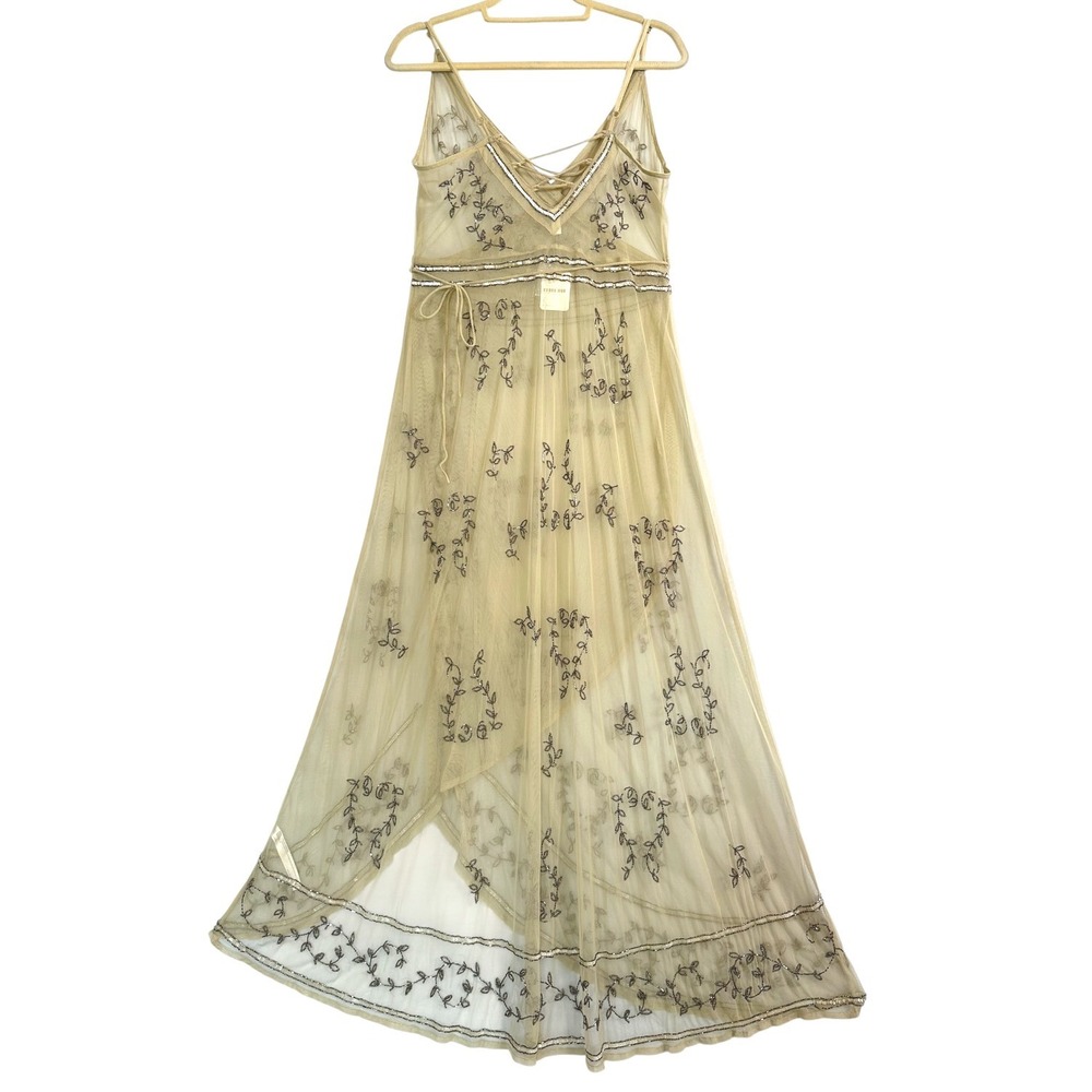 Free People Maxi Dress Sky Fall Embellished‎ Mesh Wrap Maxi Nude Sheer L NWT - Picture 4 of 14